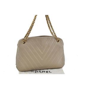 CHANEL Calf Skin V Stitch Chain Shoulder Hand Bag Purse Beige